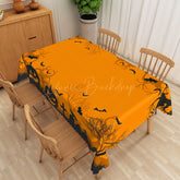 Lofaris Orange and Black Halloween Rectangle Tablecloth with Bats Withered Trees for Spooky Forest Decor